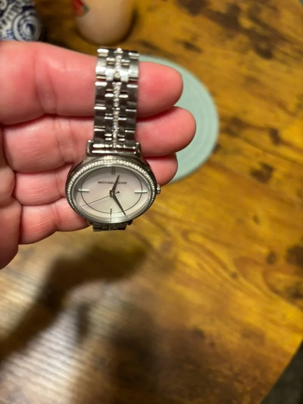 Michael Kors Silver Tone Crystal Bezel Watch Mother of Pearl Dial